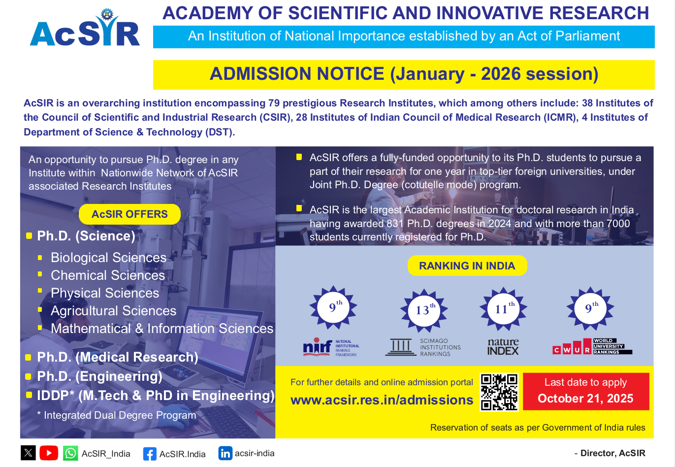 AcSIR Jan-2026 admission advertisement